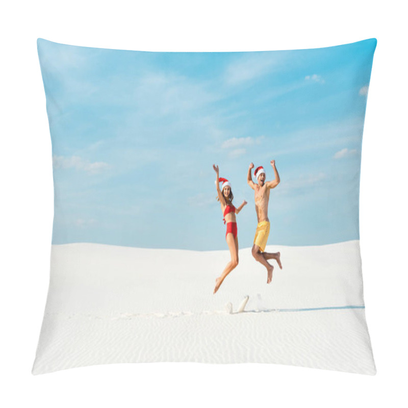 Personality  Sexy Girlfriend And Boyfriend In Santa Hats Jumping On Beach In Maldives  Pillow Covers