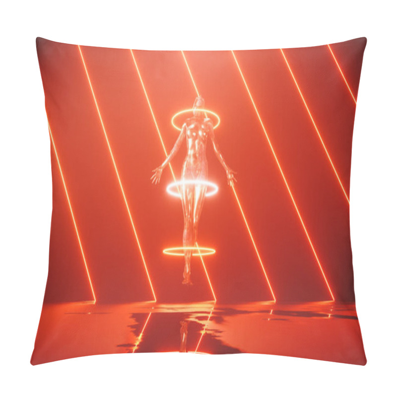 Personality  3D Render Of Human Body Inside Glowing Rings Levitating Above Ground With Puddles Against Red Neon Lines In Dark Spacial Sci-fi Scene Pillow Covers