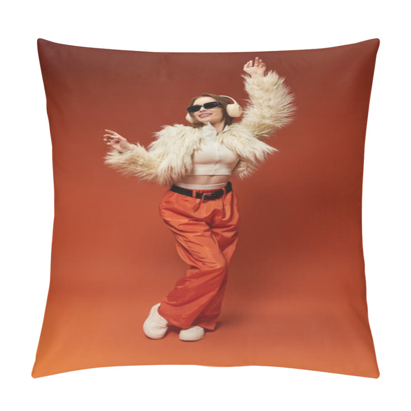 Personality  A Vibrant Woman Dances Stylishly In Trendy Winter Clothes, Radiating Cheerfulness. Pillow Covers