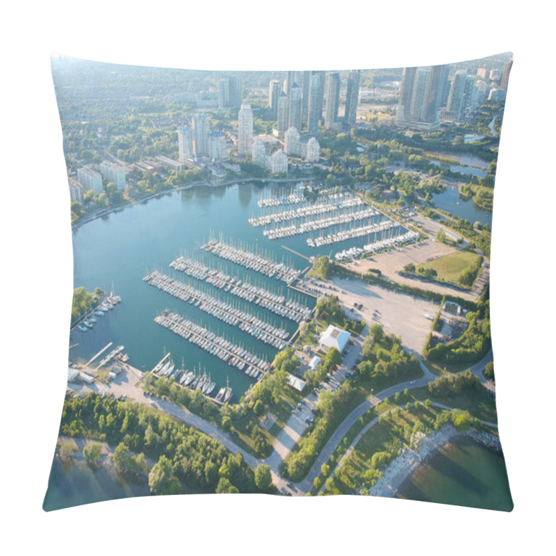 Personality  Aerial Bird Eye Shot Over Humber Bay Shores Park, Toronto, Canada With Coastal Condo Homes, Blue Skies, Beaches And Harbour Entrance In View With Glass Condominiums. Perfect Summer Day Sunset. Pillow Covers