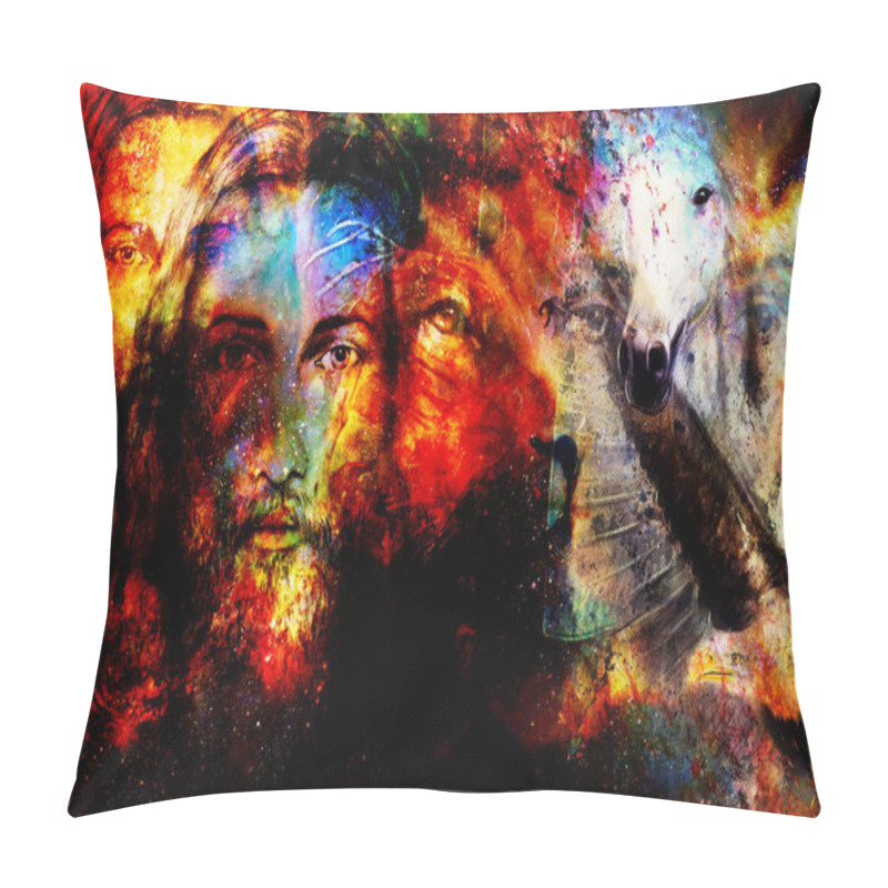 Personality  Painting Of Jesus With Animals In Cosimc Space, Eye Contact And Lion Profile Portrait Pillow Covers