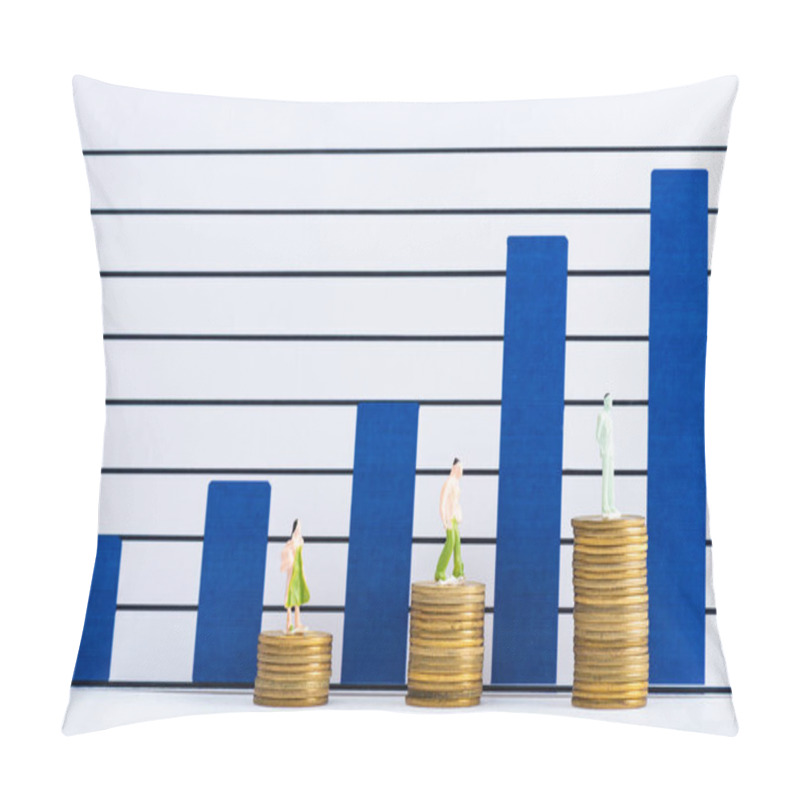 Personality  Plastic People Figures On Stacked Coins On White Surface With Blue Graphs At Background, Concept Of Financial Equality Pillow Covers