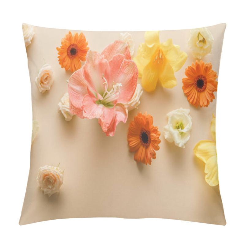 Personality  Top View Of Spring Flowers Scattered On Beige Background Pillow Covers