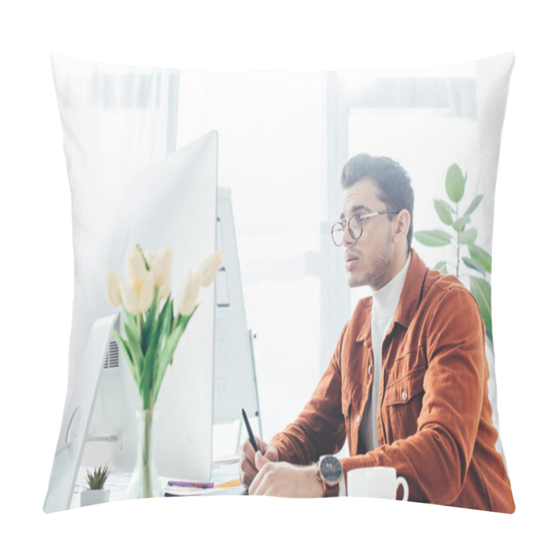 Personality  Side View Of Ux Designer Working With Computer And Graphics Tablet On Table In Office  Pillow Covers