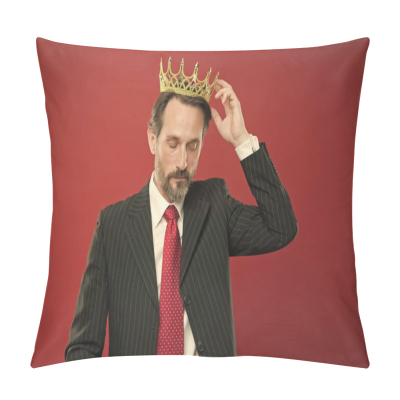 Personality  Living Life Like Big Boss. Big Boss Wearing Jewelry Crown On Red Background. Powerful Big Boss With Crowned Head In Formalwear. Mature Businessman Or Big Boss Pillow Covers