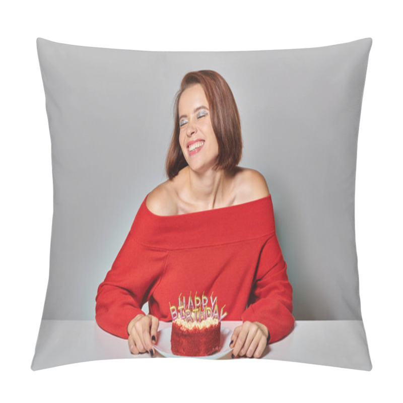 Personality  Euphoric Woman In Red Attire Near Bento Cake With Happy Birthday Candles On Grey Background Pillow Covers