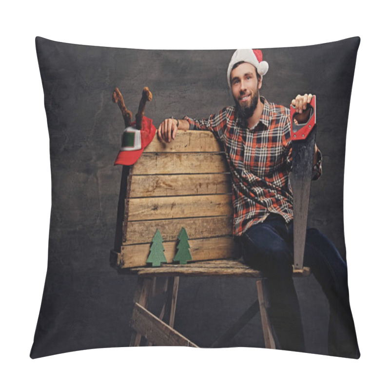 Personality  Man In Santa's Hat Holding Handsaw Pillow Covers