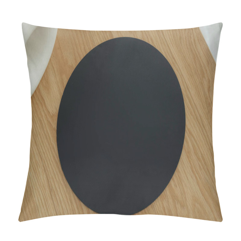 Personality  A Plain Black Circular Mat Rests On A Light Wooden Table, Showcasing A Minimalist Aesthetic. The Mat's Understated Design Complements The Modern Surroundings. Pillow Covers