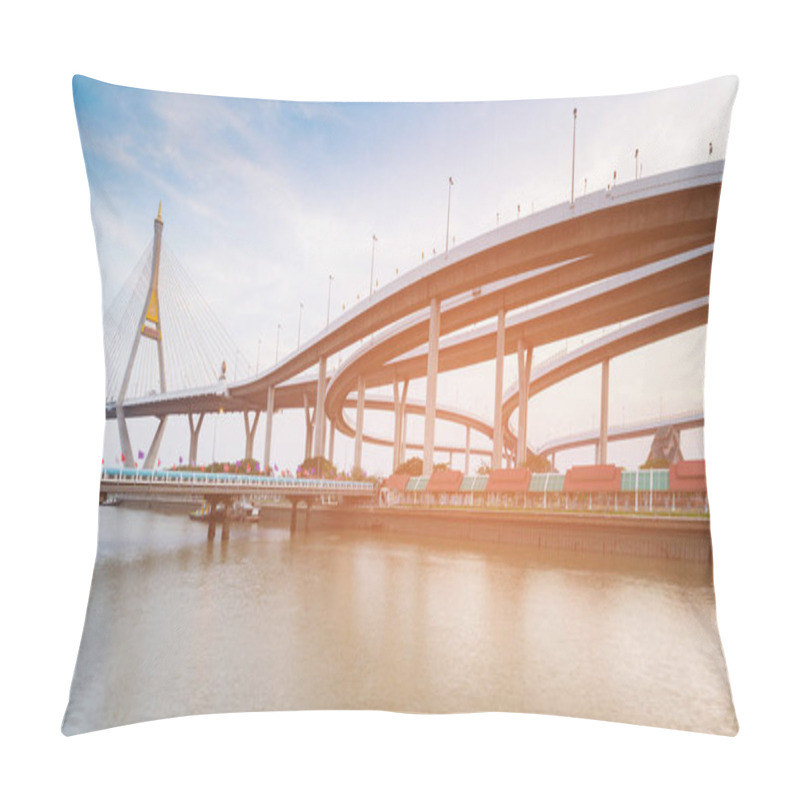 Personality  Highway Intersection Connect To Suspension Bridge River Front  Pillow Covers