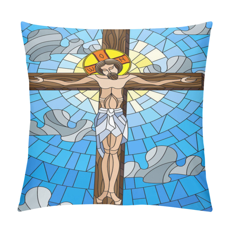 Personality  Illustration In Stained Glass Style On The Biblical Theme, Jesus Christ On The Cross Against The Cloudy Sky And The Sun Pillow Covers