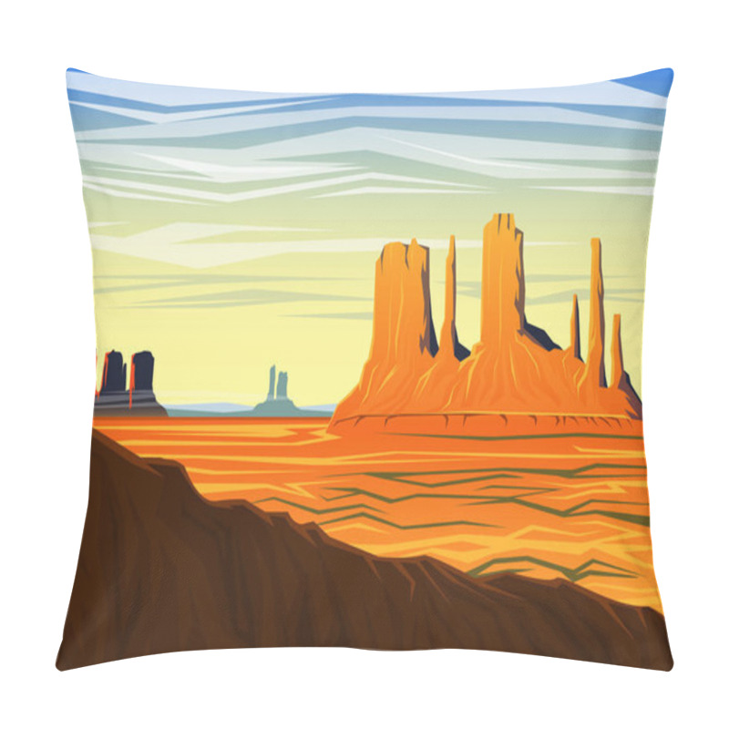 Personality  Mountain And Monument Valley, Morning Panoramic View, Peaks, Landscape Early In Daylight. Travel Or Camping, Climbing, Vector Illustration For Website Or Banner. Outdoor Hill Tops, Hunts Mesa, Arizona Pillow Covers