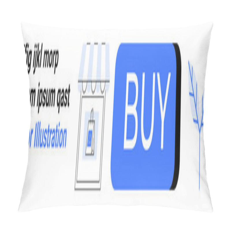 Personality  Storefront With Awning, Shopping Bag Inside Framed Square, Large BUY Button In Blue, Text Snippets. Ideal For Online Shopping, Retail, E-commerce, Digital Sales, User Interface, Promotional Ads, Web Pillow Covers