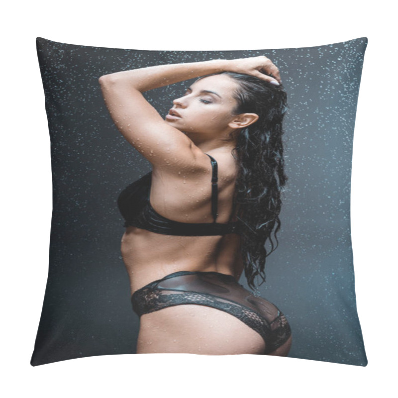 Personality  Passionate Woman With Closed Eyes Touching Hair While Standing Under Raindrops On Black   Pillow Covers