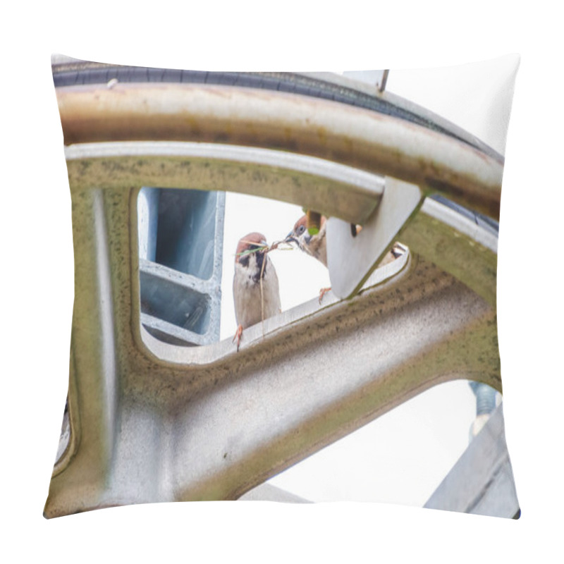 Personality  Two Sparrows Building A Nest Under A Metal Structure, Captured From A Low Angle In An Industrial Setting With Calm And Focused Atmosphere, Horizontal Pillow Covers