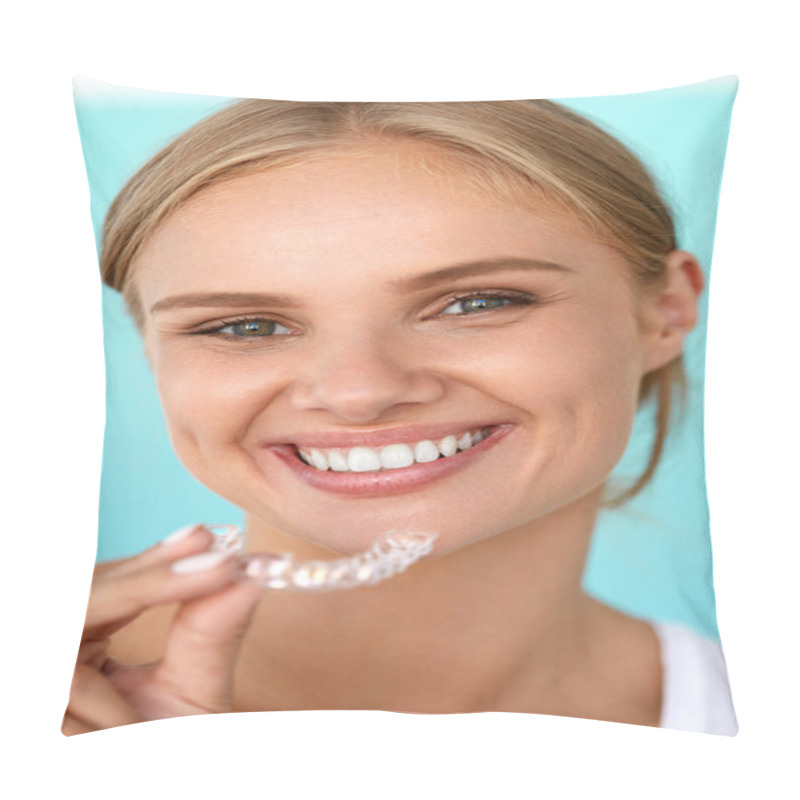 Personality  Smiling Woman With White Teeth Holding Teeth Whitening Tray Pillow Covers