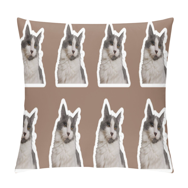 Personality  Collage Cat Funny Cats Heads On Mocha Mousse Background. Seamless Repeating Pattern. Digital Collage. Pillow Covers