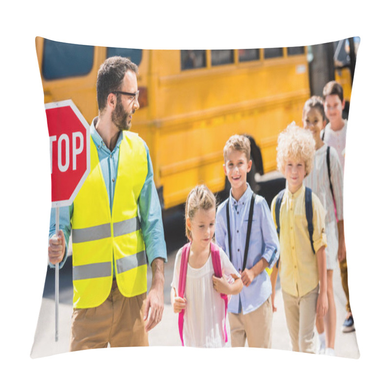 Personality  Handsome Traffic Guard Crossing Road With Pupils In Front Of School Bus Pillow Covers