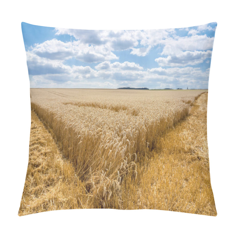 Personality  Tip Of A Partially Harvested Wheat Field In A Wide, Rural Landscape With Blue And White Sky Pillow Covers