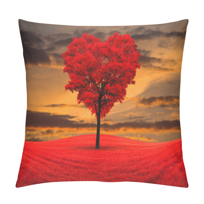 Personality  Red Heart-shaped Tree In The Field Against The Background Of A Decline. Pillow Covers