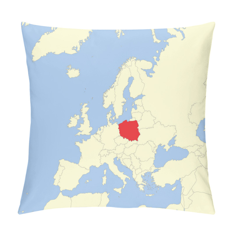 Personality  Red CMYK National Map Of POLAND Inside Detailed Beige Blank Political Map Of European Continent On Blue Background Using Mollweide Projection Pillow Covers