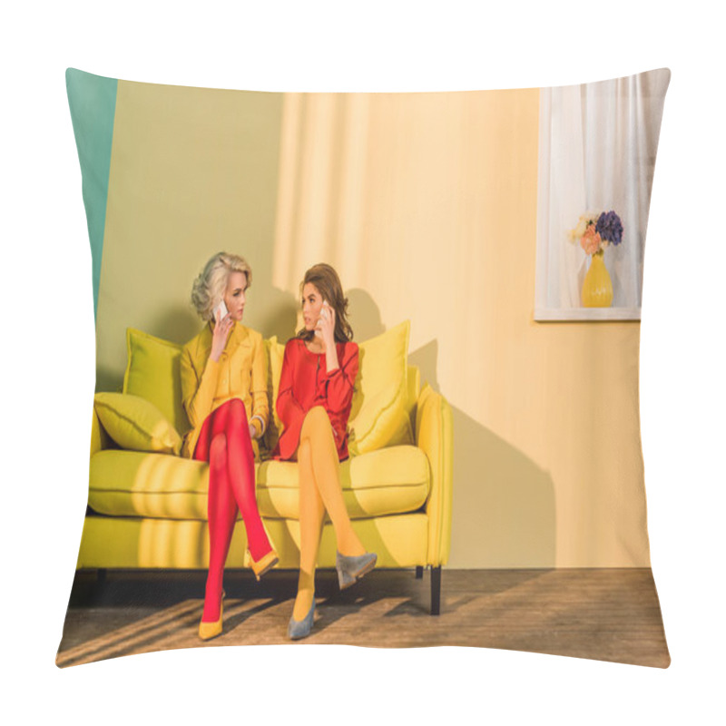 Personality  Retro Styled Women Talking On Smartphones On Yellow Sofa, Doll House Concept Pillow Covers