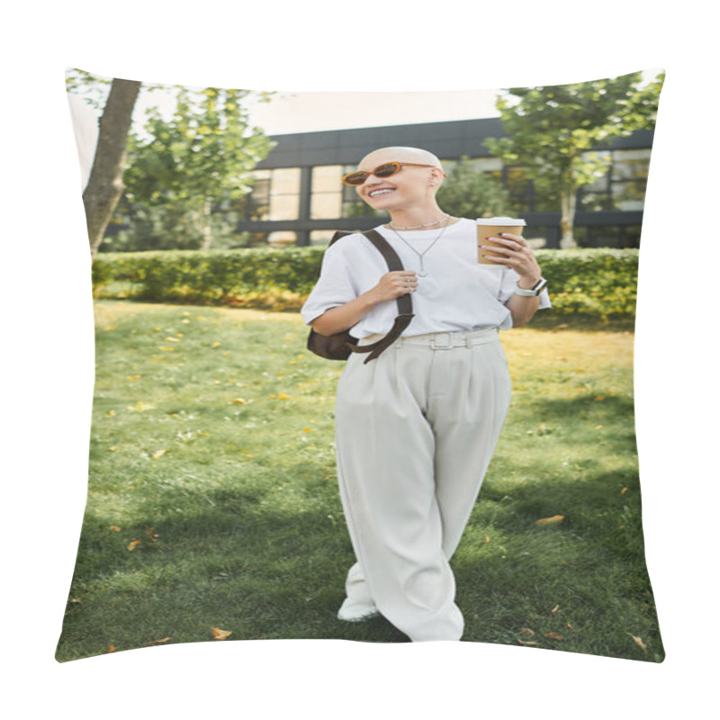 Personality  A Bald Woman Smiles Brightly While Strolling Through A Vibrant Park With A Drink In Hand. Pillow Covers