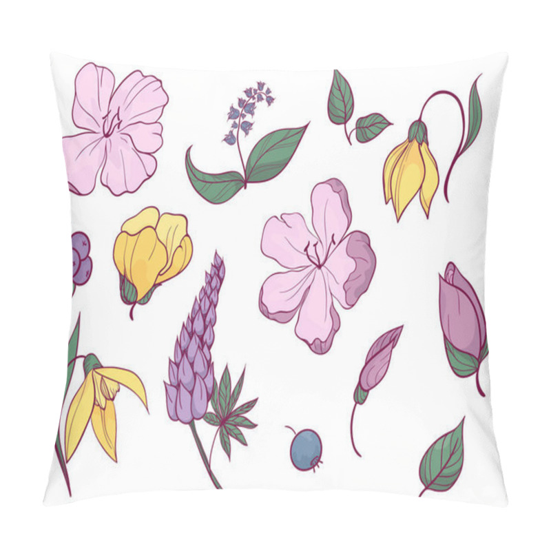 Personality  Set Of Sketches And Line Doodle. Flowers, Buds, Leaves, Berries. Pillow Covers