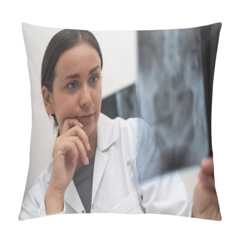 Personality  Close Up Of Doctor Worried Looks At Radiological X-ray Film To Evaluate The Patients Condition As Part Of Medical Healthcare.  Pillow Covers