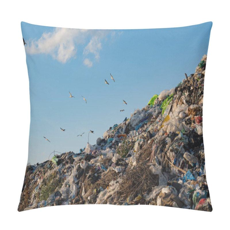 Personality  A Large Mountainous Heap Of Trash Dominates The Landscape At A Landfill, While Several Birds Soar Overhead Against A Backdrop Of A Bright Blue Sky. Pillow Covers