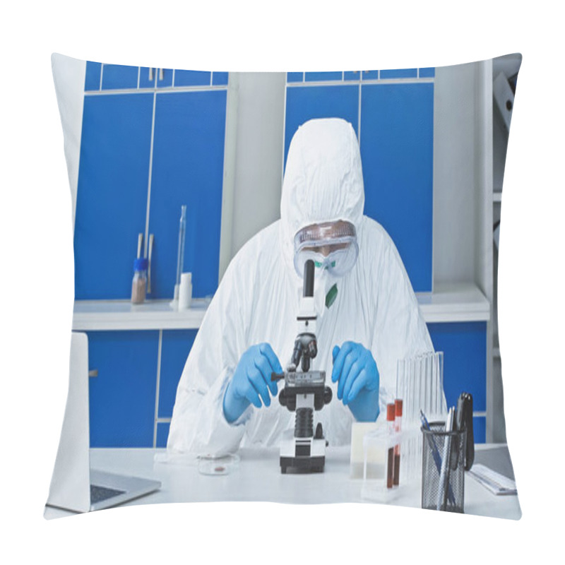 Personality  Virologist In Hazmat Suit Doing Working With Microscope Near Laptop In Laboratory Pillow Covers