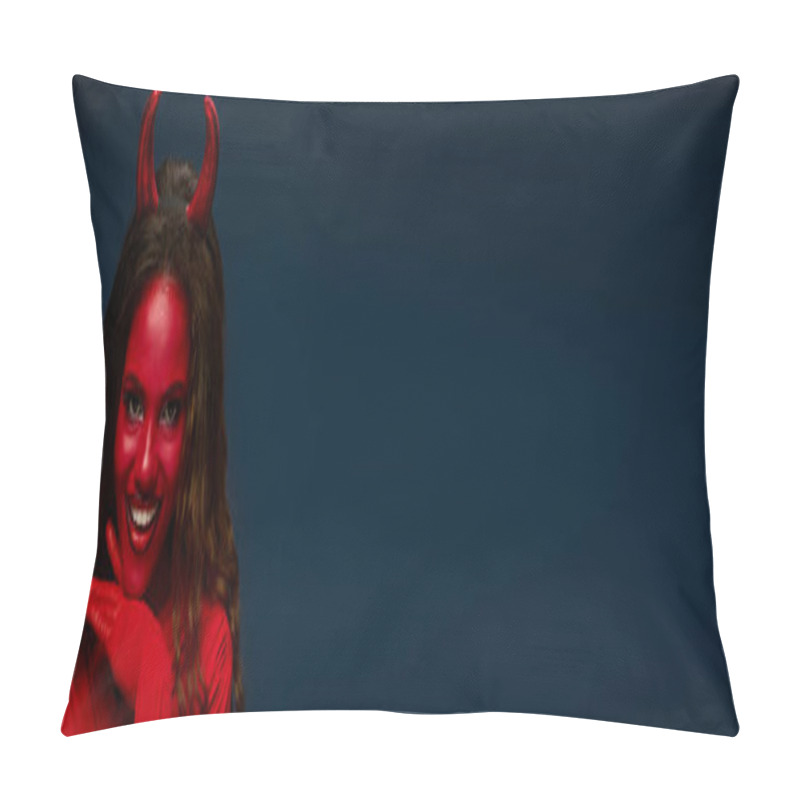 Personality  The Beautiful Woman Poses Confidently In A Bright Red Devil Costume, Radiating Halloween Spirit. Pillow Covers