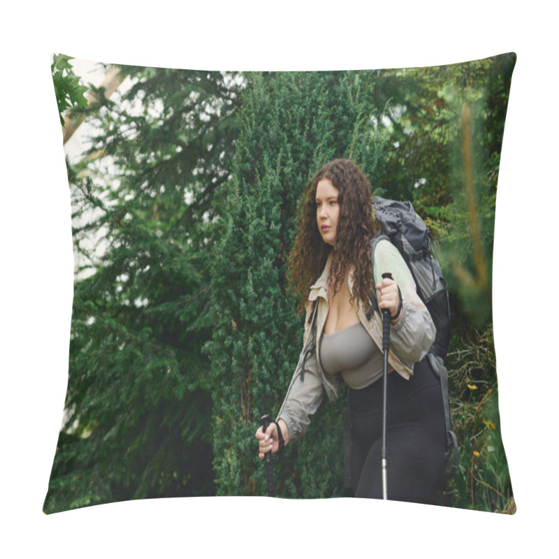 Personality  The Plus Size Woman Strides Confidently Through A Vibrant Forest, Enjoying Natures Beauty. Pillow Covers