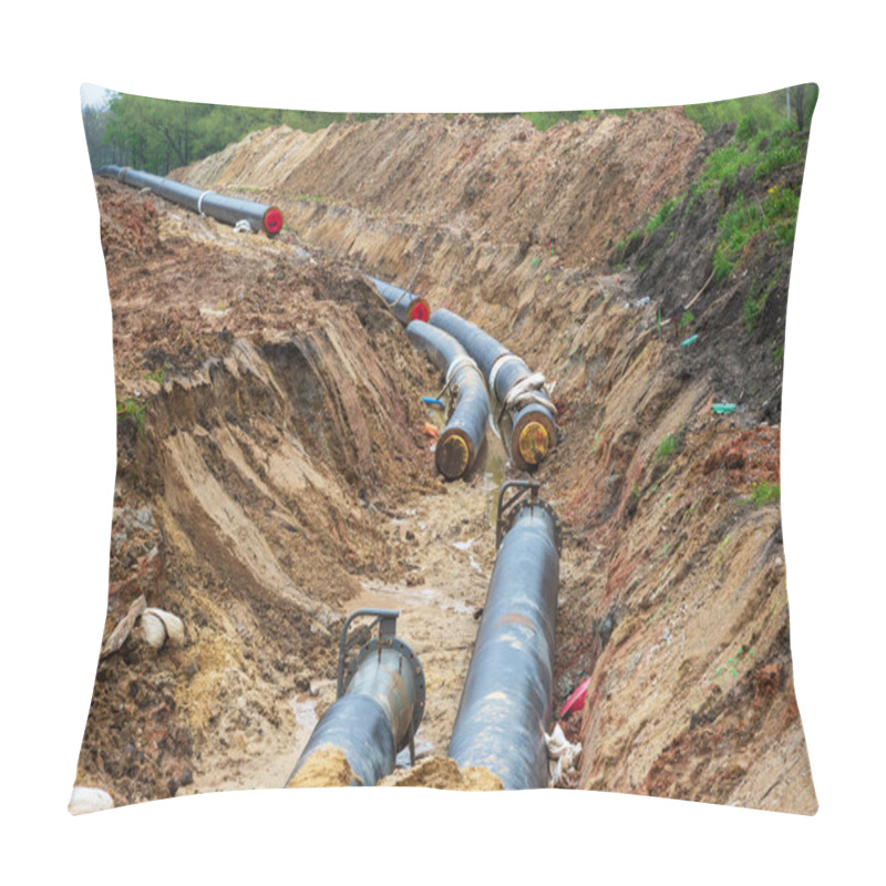 Personality  Gas Pipeline Under Construction. Black Pipes Buried In The Ground. Pillow Covers