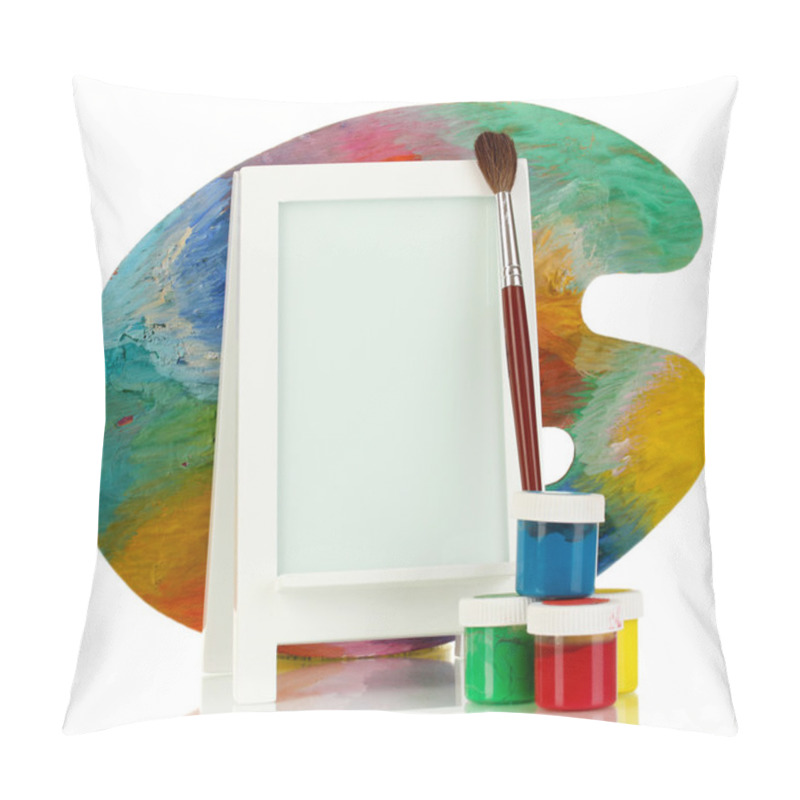 Personality  Photo Frame As Easel With Artist's Tools Isolated On White Pillow Covers