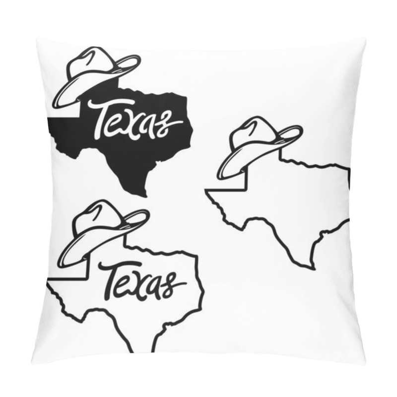 Personality  Texas Map And Cowboy Hat Vector Illustration Of Texas Maps Black Background Silhouette With Western Hats And Text Isolated On White For Design. Texas Sign Symbol Pillow Covers