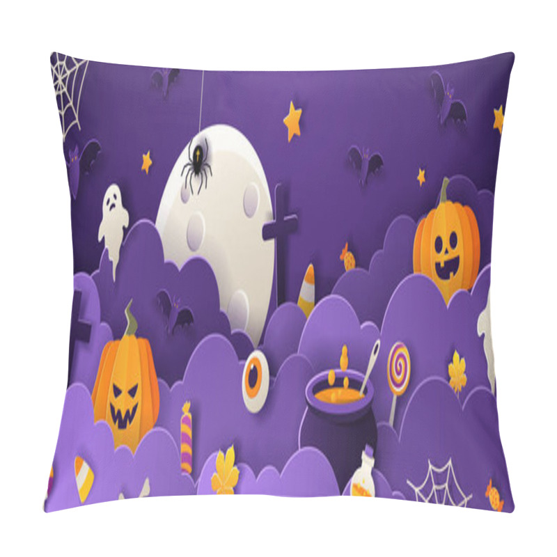 Personality  Happy Halloween Greeting Card Template With Full Moon, Pumpkins, Ghosts, Candy, Bats In Paper Cut Style On Violet Background. Vector Illustration.  Pillow Covers