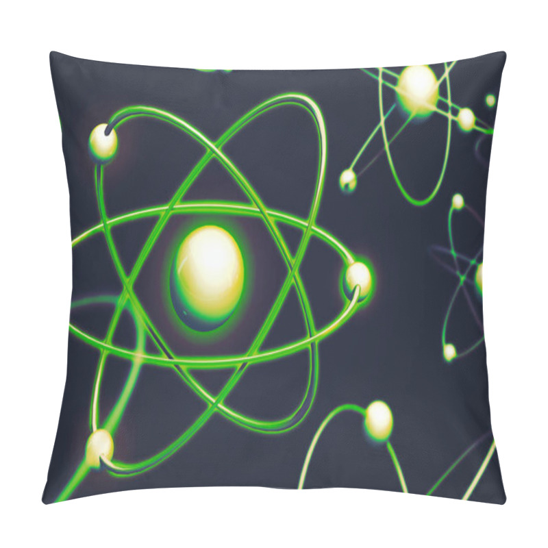 Personality  Atom Backgrounds From Geometric Shapes, Circle Of Points Of Lines. Atom Nuclear Model On Energetic Background. 3D Illustration Pillow Covers