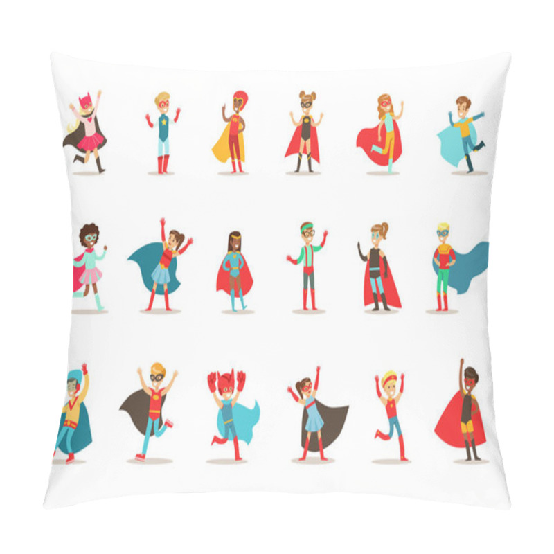 Personality  Children Pretending To Have Super Powers Dressed In Superhero Costumes With Capes And Masks Set Of Smiling Characters Pillow Covers