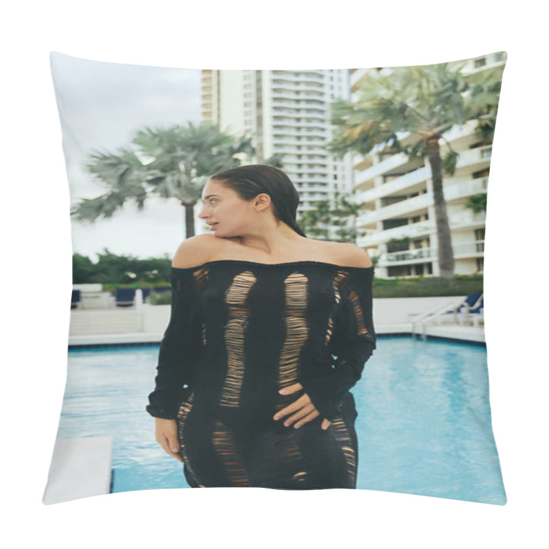 Personality  Luxury Resort, Sexy Brunette Woman With Tanned Skin And Wet Hair Posing In Black Knitted Dress, Standing Near Outdoor Swimming Pool In Miami, Summer Getaway, Hotel Building, Palm Trees  Pillow Covers