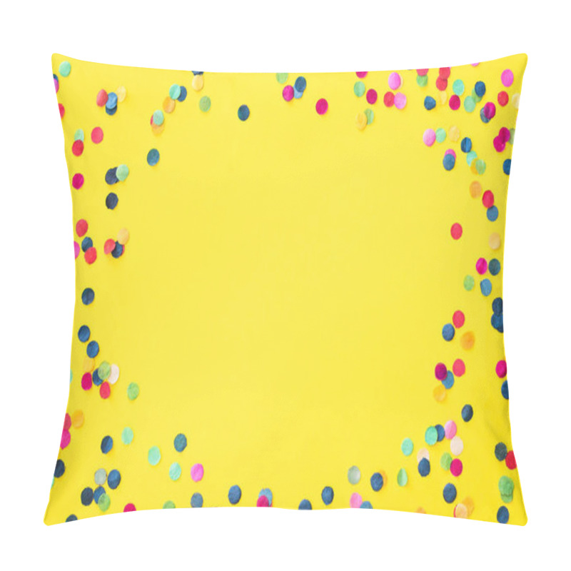 Personality  Flatlay Of Bright Yellow Background With Colourful Paper Confetti With Copyspace In Middle Pillow Covers