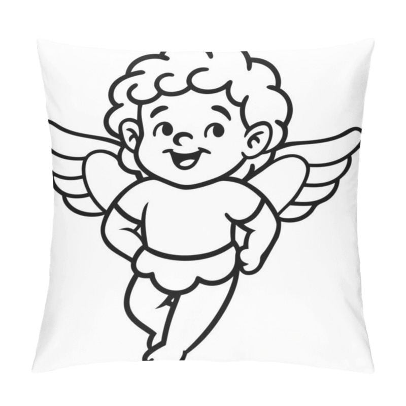 Personality  Smiling Cherub With Angel Wings In Black And White. Line Art Illustration For Valentine's Day. Design For Coloring Pages And Decorative Projects Pillow Covers