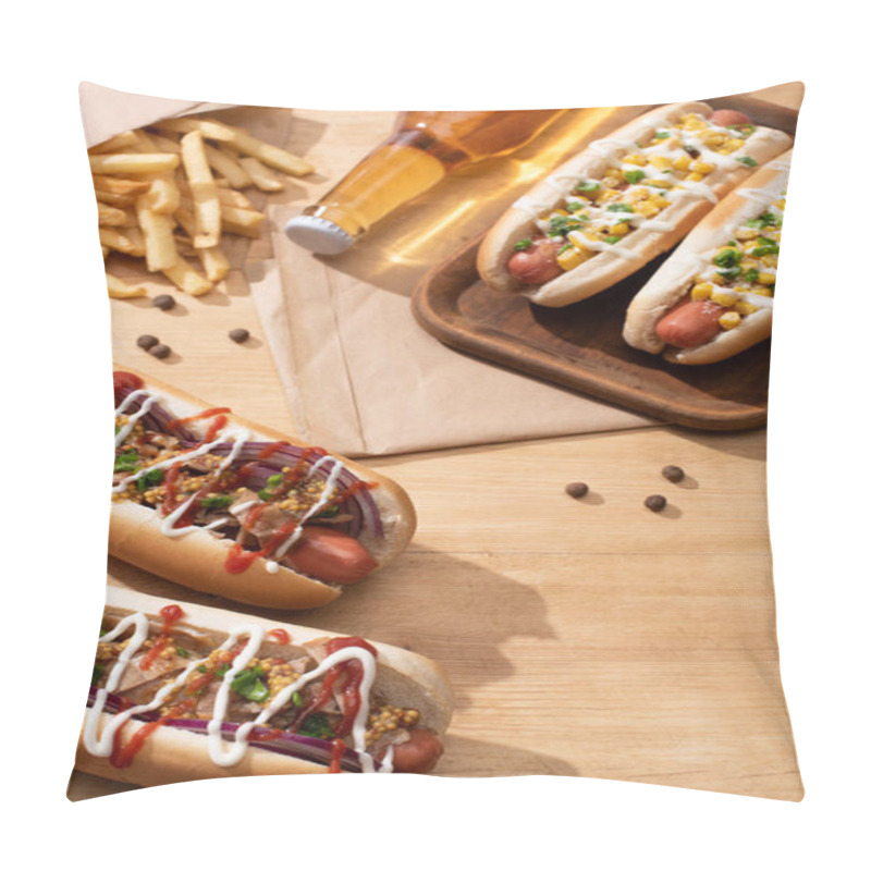 Personality  Delicious Hot Dogs Near Beer And French Fries On Wooden Table Pillow Covers