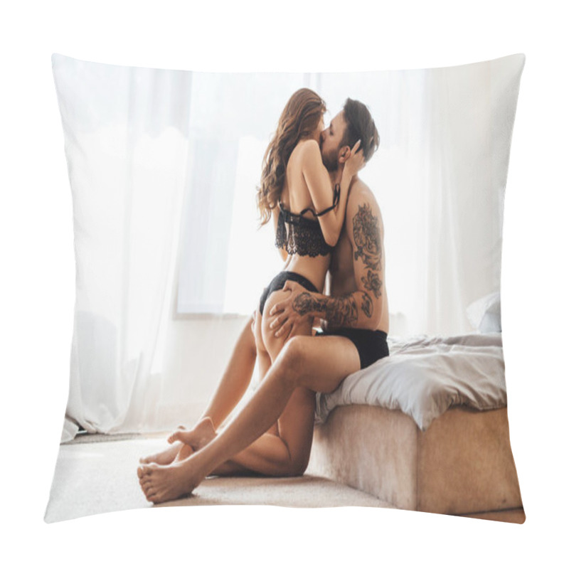 Personality  Portrait Of Passionate Young Nudity Couple On Bed At Home While Passionately Kissing And Hugging In Bedroom. Sexuality, Passion Concept Pillow Covers