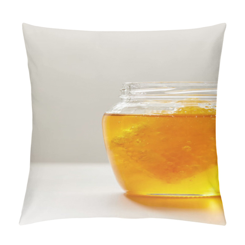 Personality  Close Up View Of Opened Glass Jar With Honey And Beeswax On Grey Background Pillow Covers