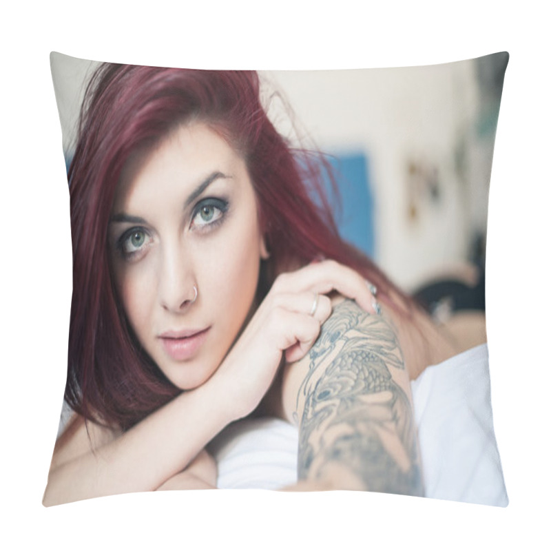 Personality  Sensual Portrait Of Beautiful Girl With Tattoo Lying On Bed. Pillow Covers