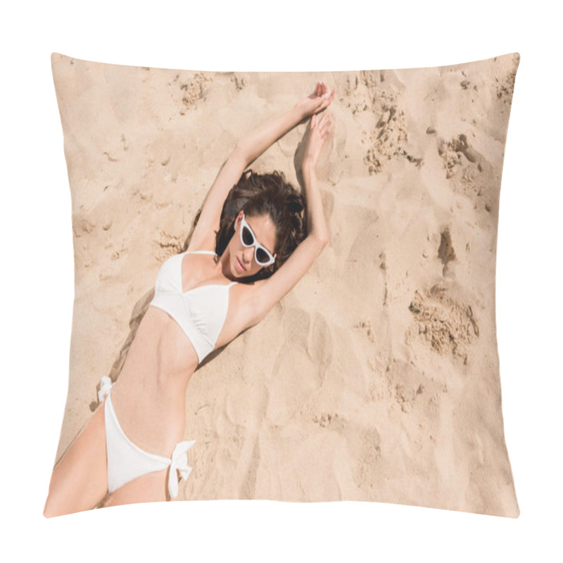 Personality  Top View Of Attractive Young Woman In Sunglasses And White Bikini Sunbathing On Sand Pillow Covers