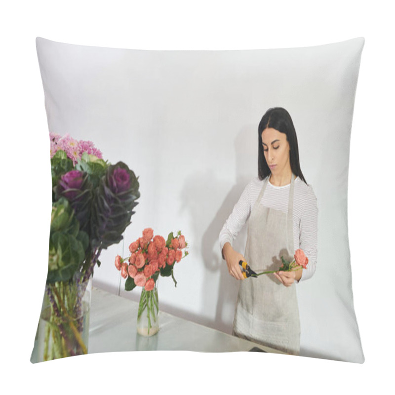 Personality  A Devoted Florist Arranges Fresh Flowers In Her Vibrant Shop, Nurturing Her Small Business. Pillow Covers