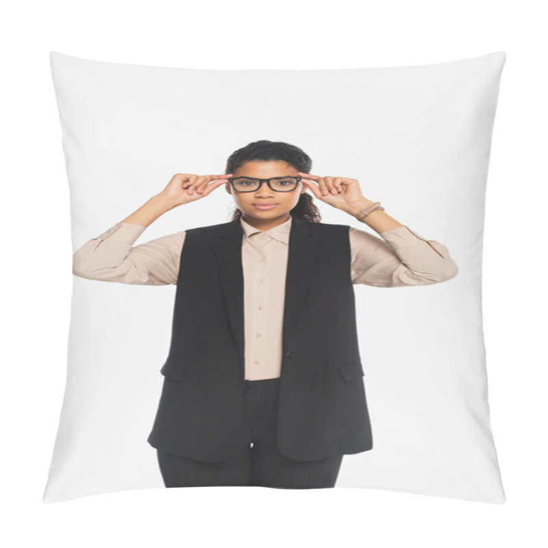 Personality  Shocked African American Businesswoman Holding Magnifying Glass And Contact Lenses Isolated On White  Pillow Covers