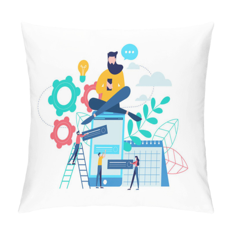 Personality  Mobile Phone App Development Illustration, Social Media Website Concept. Online Network And Software Update Idea. EPS10 Vector. Pillow Covers