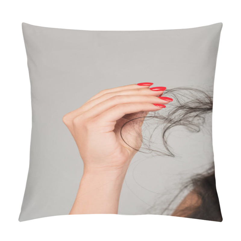 Personality  Cropped View Of Brunette Woman With Red Manicure Holding Damaged Hair Isolated On Grey Pillow Covers